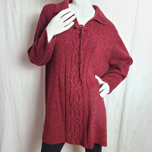 Penningtons Women's Plus Size Red Speckles Cableknit Long Sleeves Sweater - Picture 2 of 15